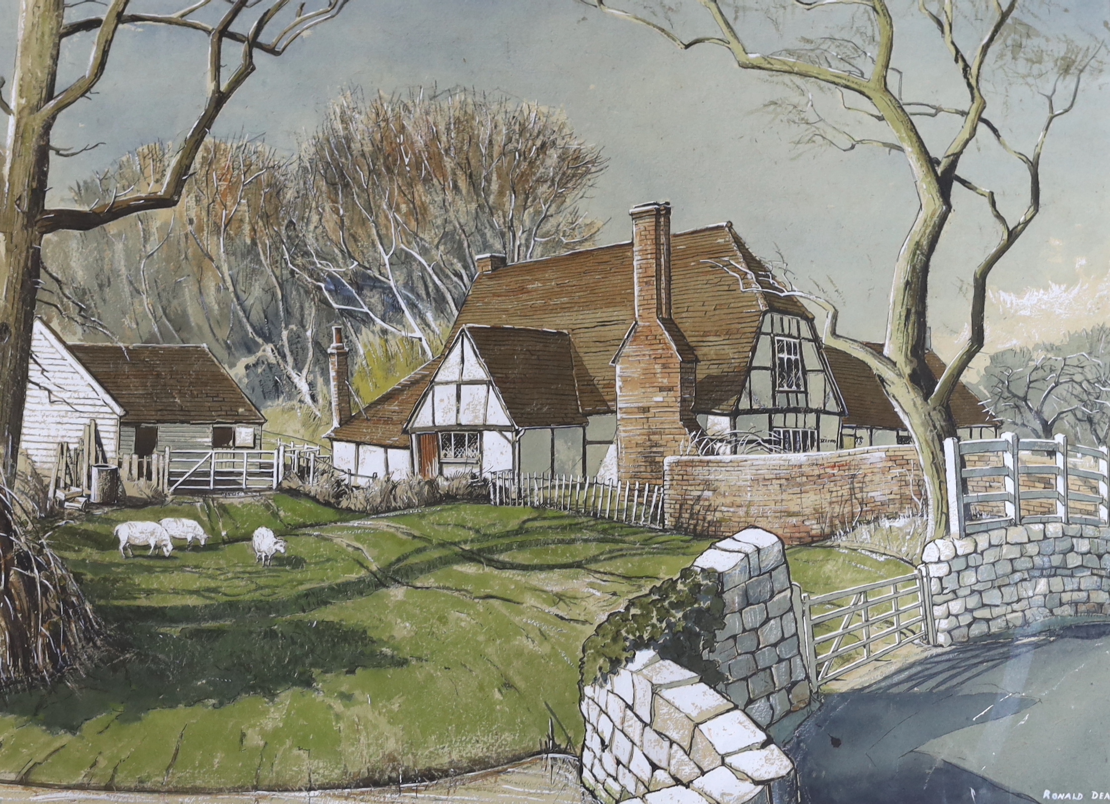 Ronald Dean (1929-2023), two heightened watercolours, ‘Free Range’ and ‘Tilford Cottage’, each signed, largest 50 x 37cm